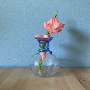 Vintage Blenko Glass Crackle Vase with Beautiful Blue Spiral Detail